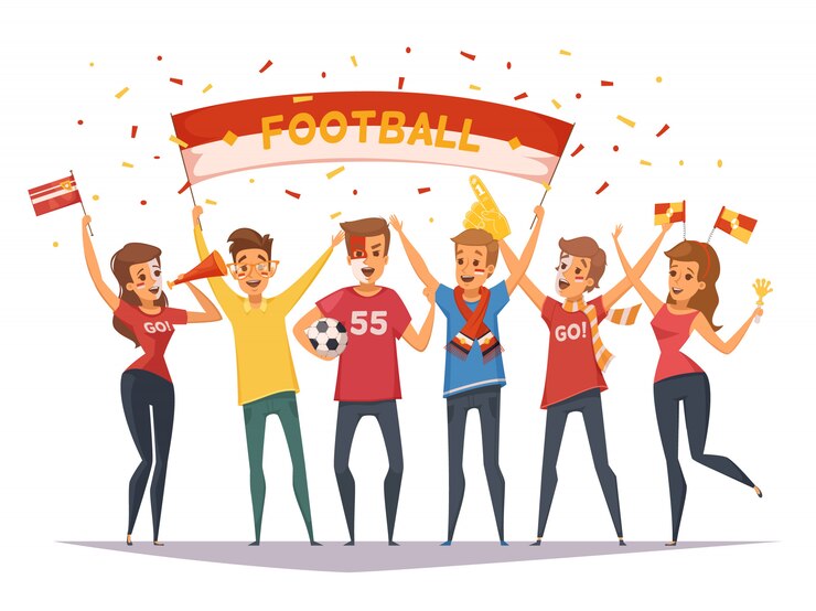 Vector gratuito composición de grupo fan faner coloreado con banderas y pancartas para niñas y niños