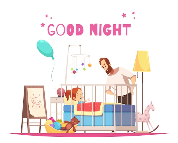 Composición de la habitación de los niños con el padre que desea a la hija buenas noches antes de dormir