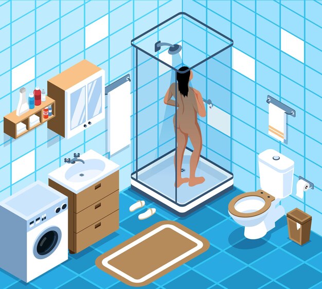 Composición de higiene isométrica con interior de baño con lavabo y cabina de lavado con ilustración de vector de mujer bañista