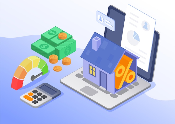 Vector gratuito composición de hipoteca de préstamo bancario isométrica con puntaje de crédito de calculadora de dinero en ilustración de vector 3d de fondo de color