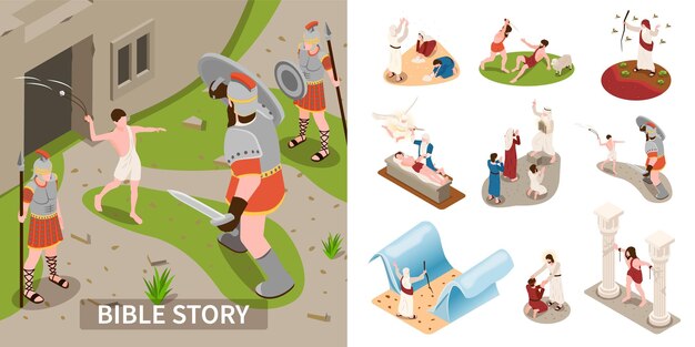 Composición de la historia bíblica con religión y símbolos milagrosos ilustración vectorial isométrica aislada