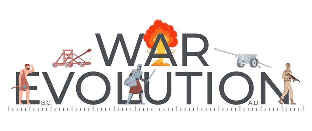 Composición de la historia de la evolución de la guerra con texto plano y línea de tiempo horizontal desde la caza antigua hasta la ilustración vectorial de la guerra moderna