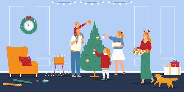 Vector gratuito composición de hogar plano de víspera de navidad con familia amigable decorada con pino juntos y cocinando galletas tradicionales ilustración vectorial