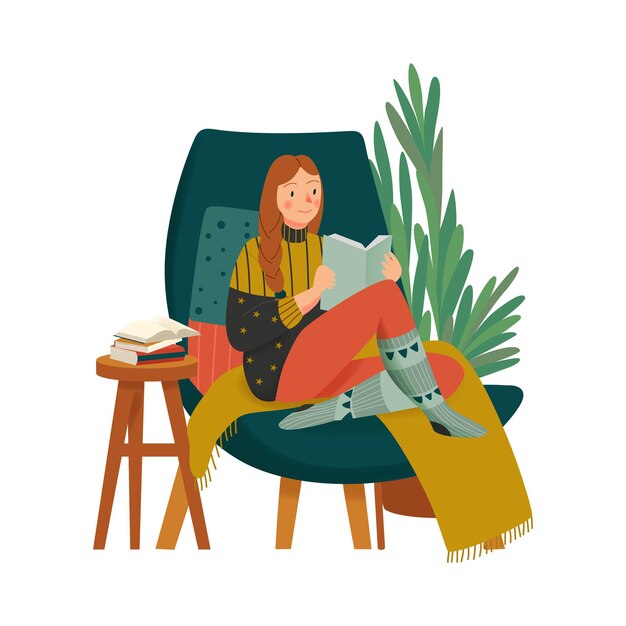Composición hogareña acogedora con carácter de niña en ropa abrigada leyendo un libro en la ilustración del sillón