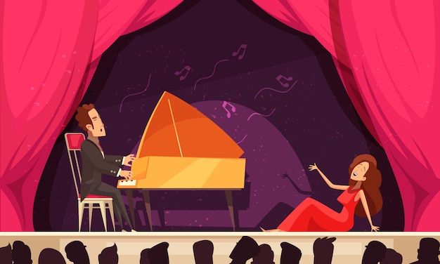 Vector gratuito composición horizontal de dibujos animados de teatro de ópera con cantante aria y pianista en el escenario audiencia audiencias cabezas siluetas