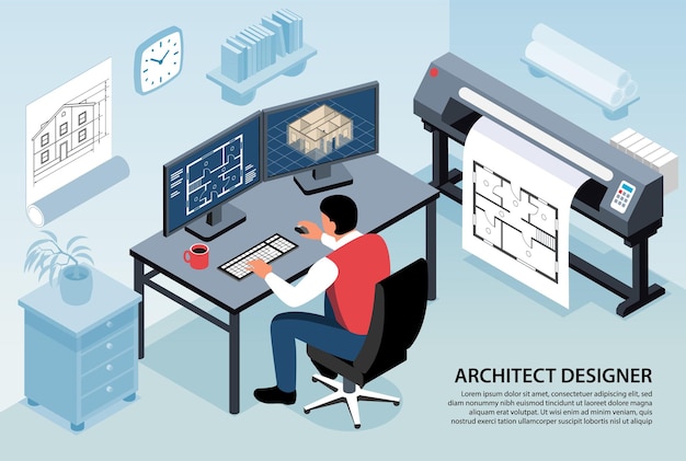 Composición horizontal del diseñador del arquitecto con el hombre sentado en su lugar de trabajo trabajando con un programa de computadora isométrico
