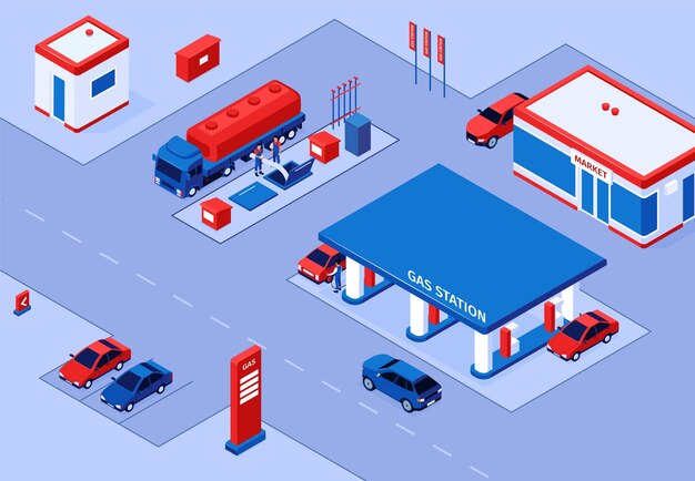 Composición horizontal de gasolinera isométrica con paisajes al aire libre y edificios de gasolineras con refugio y coches ilustración vectorial
