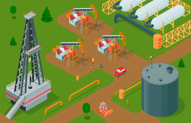 Composición horizontal de la industria petrolera isométrica con almacenamiento de instalaciones de producción de petróleo y edificios de fábrica con gatos de bomba