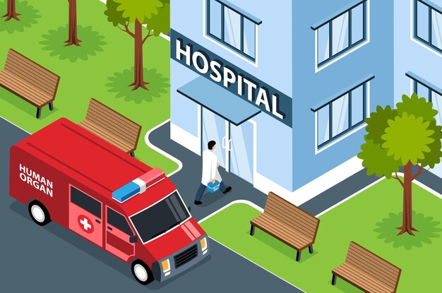 Composición horizontal isométrica de órganos humanos de donantes con vista exterior de la camioneta de emergencia del edificio del hospital y el médico