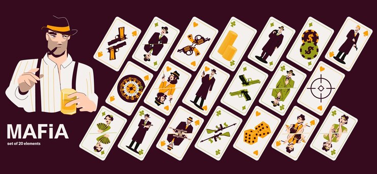 Vector gratuito composición horizontal de la mafia con hombre con sombrero y veinte naipes con imagen de armas dados fichas ilustración vectorial plana