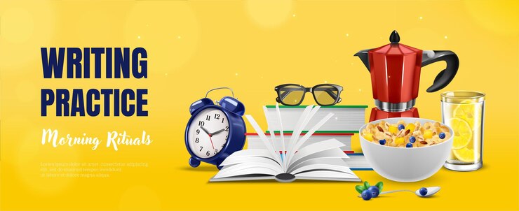 Vector gratuito composición horizontal matutina realista de texto editable con libros despertador avena limón agua y gafas ilustración vectorial