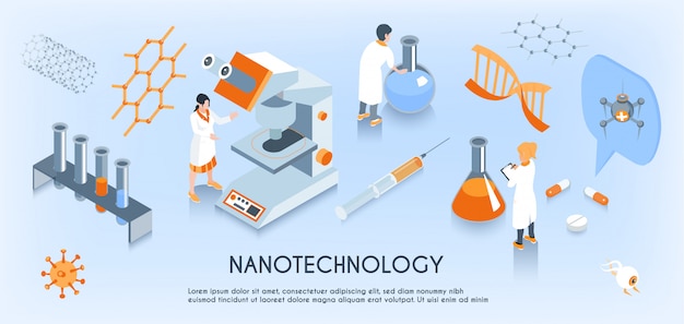 Composición horizontal de nanotecnología isométrica coloreada con trabajo científico en el laboratorio