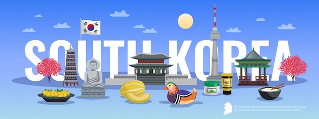 Composición horizontal del turismo de Corea del Sur con imágenes de estilo garabato de elementos tradicionales, monumentos culturales e ilustración de texto