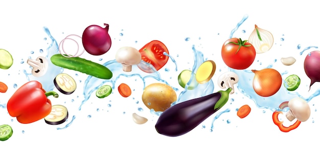 Composición horizontal de verduras de salpicaduras de agua realista con imágenes voladoras de frutas enteras y rodajas con gotas