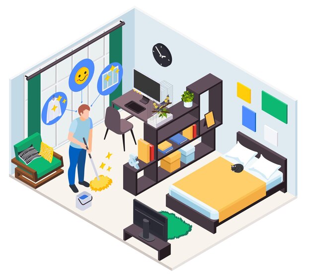 Composición de iconos de bienestar de salud mental con vista aislada del interior del hogar y el hombre limpiando la ilustración del vector de la habitación