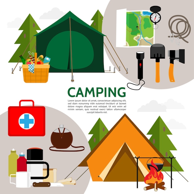 Composición de los iconos de camping plana