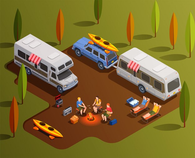 Composición de iconos isométricos para acampar con remolques de casas rodantes, botes de remo y personajes humanos con ilustración de fogata