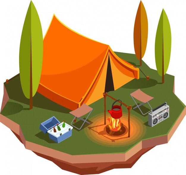 Composición de iconos isométricos de camping senderismo con vista del prado del bosque con carpa y hervidor en fogata