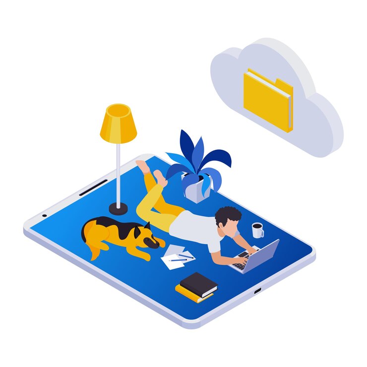 Vector gratuito composición de los iconos isométricos de trabajo distante de gestión remota con el hombre tendido en el suelo con el icono de la carpeta de la nube y la computadora portátil del perro