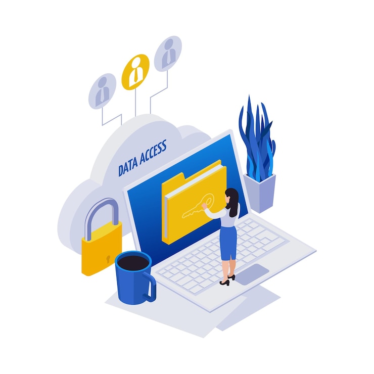 Vector gratuito composición de iconos isométricos de trabajo distante de gestión remota con mujer tocando el icono de carpeta en la computadora portátil