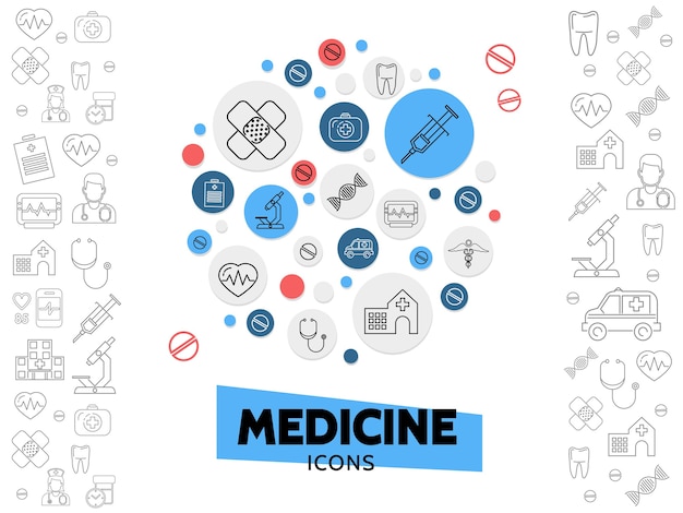 Composición de los iconos de la línea de atención médica con jeringa de yeso microscopio de adn estetoscopio hospital latido del corazón