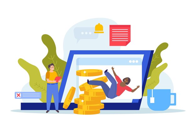 Composición de iconos planos de inestabilidad financiera sobre fondo blanco con gente de garabatos cayendo de una pila de monedas ilustración vectorial