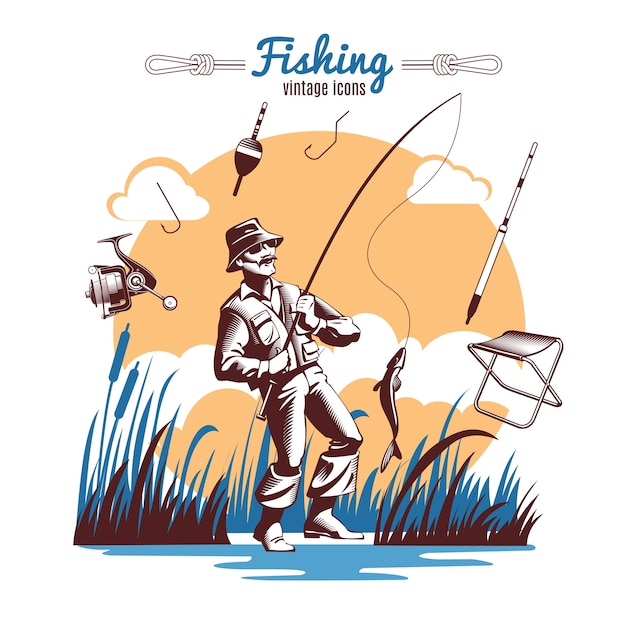 Composición de iconos Vintage de pesca