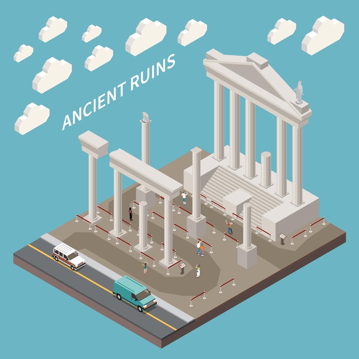 Vector gratuito composición del imperio romano con ruinas antiguas símbolos ilustración isométrica