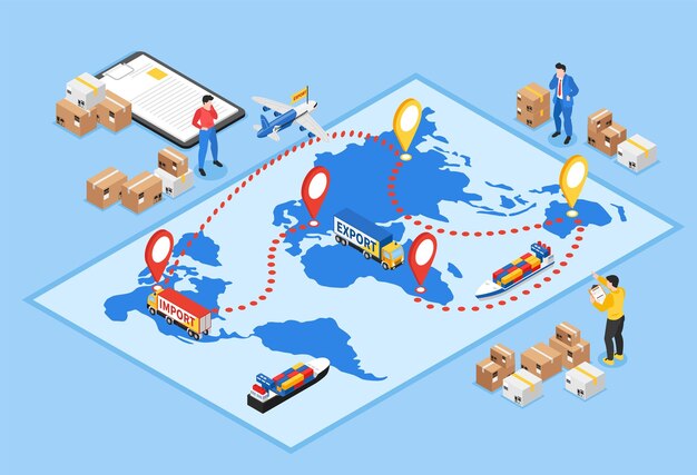 Composición de importación de exportación isométrica con trabajadores de almacén y mapa mundial con rutas y vehículos de carga en movimiento ilustración vectorial