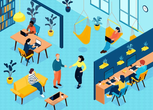 Composición independiente isométrica con escenario interior de espacio de coworking con escritorios de hamacas y personas en computadoras ilustración vectorial