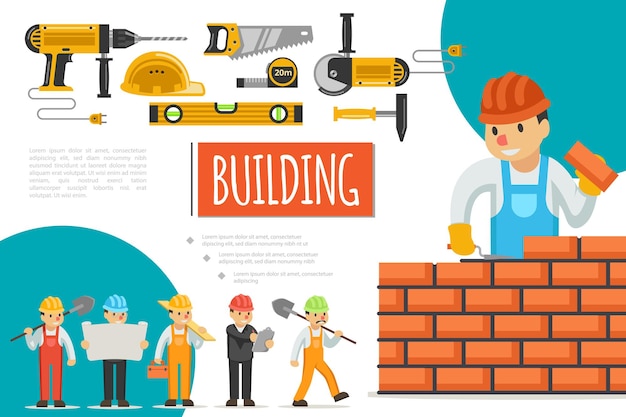 Composición de la industria de la construcción plana con constructores ingenieros taladro circular motosierra casco cinta métrica regla martillo sierra ilustración,