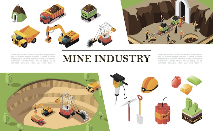 Vector gratuito composición de la industria minera isométrica con cantera máquina excavadora trabajadores de camiones pesados mina piedras preciosas martillo taladro pico dinamita casco pala árboles