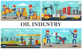 Vector gratuito composición de la industria petrolera plana con trabajadores industriales que realizan diferentes acciones en camiones de combustible de plantas petroquímicas y gasolineras en la ciudad