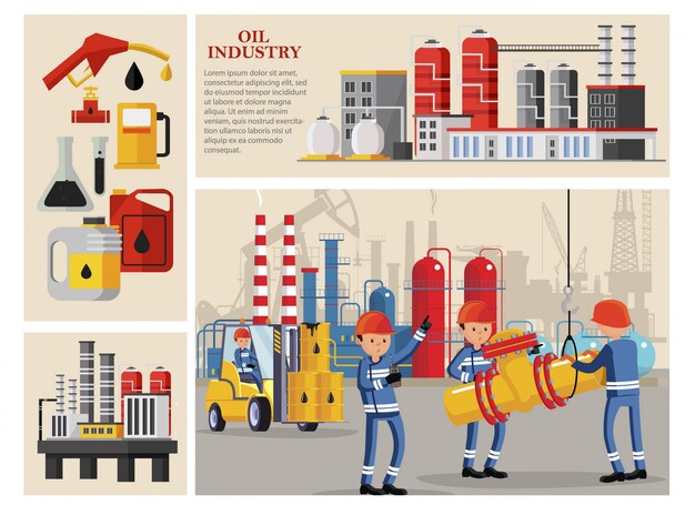 Composición de la industria petrolera plana con trabajadores industriales que transportan tubería de planta petroquímica estación de combustible frascos de bomba frascos