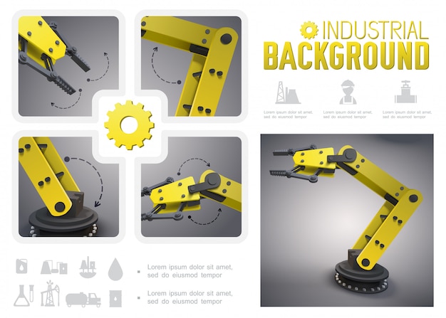 Composición industrial realista con brazos robóticos mecánicos amarillos e iconos de la industria petrolera