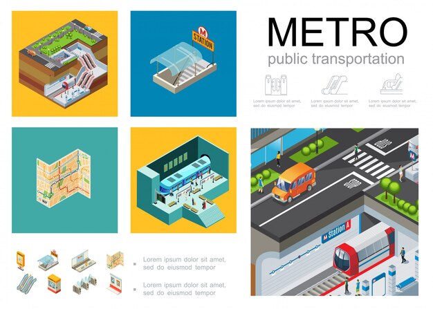 Composición de infografía de metro isométrica con plataforma de estación de metro entrada subterránea pasajeros tren mapa de navegación boletería torniquetes escalera mecánica tablero de información