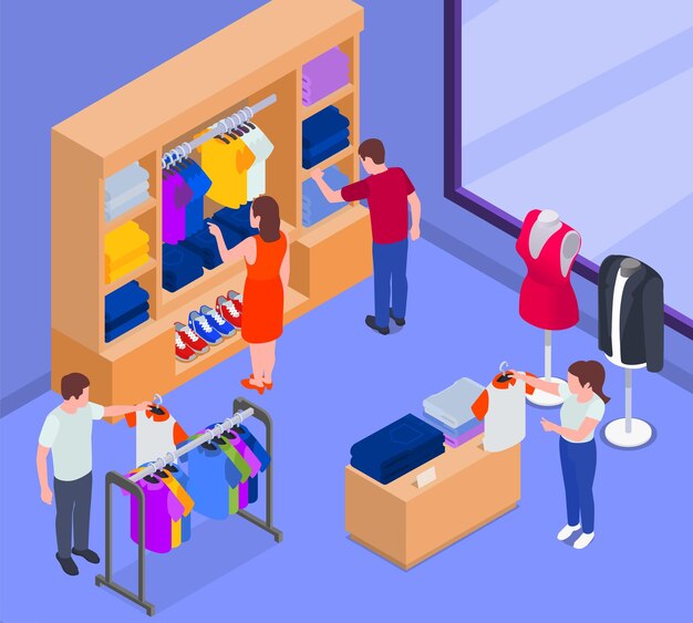 Composición infográfica isométrica de problemas de moda rápida con vista interior de boutique de tienda de ropa con ilustración de vector de personajes humanos