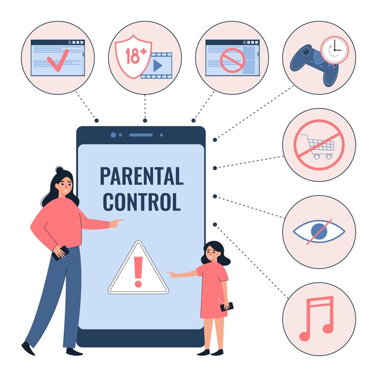 Vector gratuito composición infográfica plana de control parental de personajes de madre e hija y teléfono inteligente con símbolos de iconos redondos ilustración vectorial