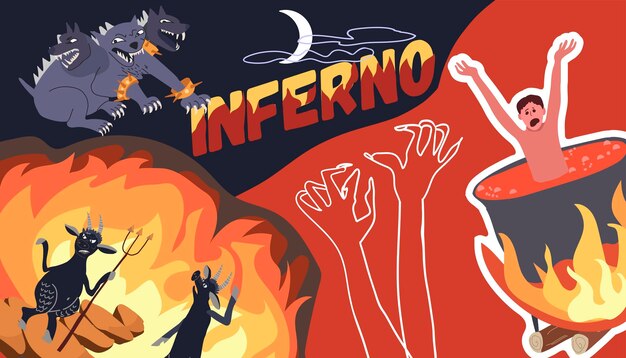 Composición del inframundo del infierno con collage de íconos planos con personajes de bestias diabólicas e ilustraciones de vectores humanos en ebullición