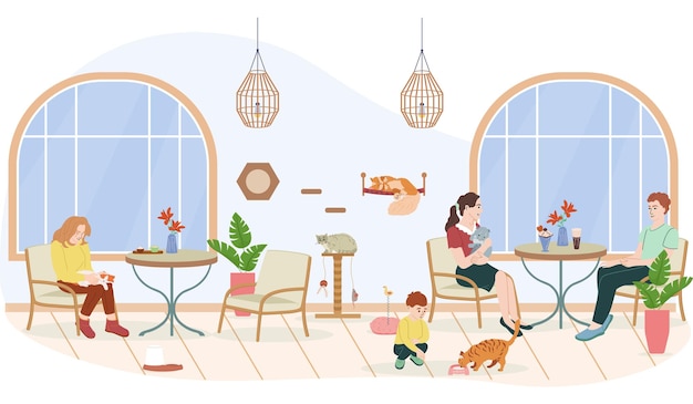 Composición interior apta para mascotas con símbolos de café y comida ilustración vectorial plana