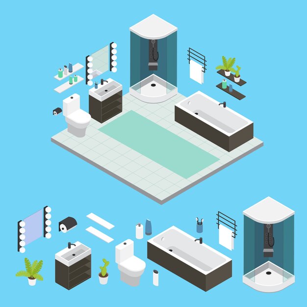 Composición interior del baño isométrica con ducha pequeña habitación piso de baldosas