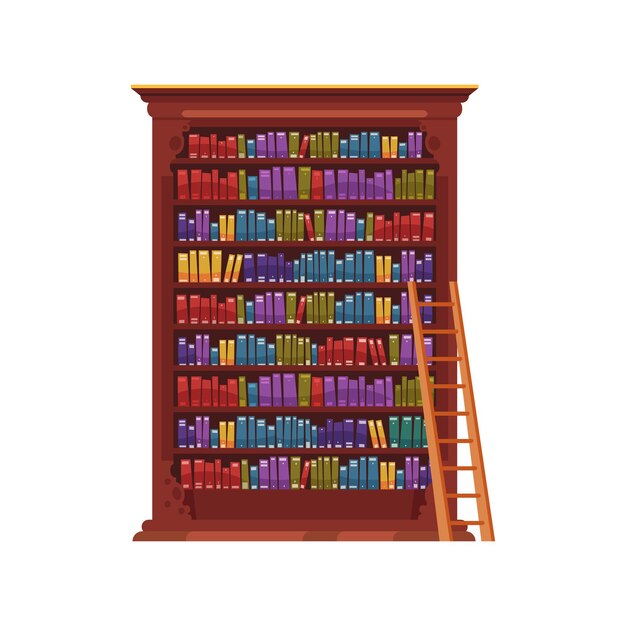 Composición interior de la biblioteca antigua con imagen aislada de gabinete vintage con libros coloridos