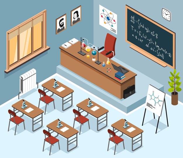 Composición interior de clase de ciencia isométrica con escenario interior de aula escolar con pizarra de escritorio e ilustración de vector de ventana