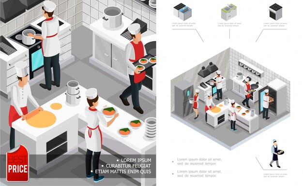 Composición interior de la cocina del restaurante isométrico con chefs cocinando platos muebles estufa nevera y utensilios