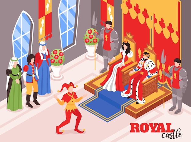 Vector gratuito composición interior interior isométrica del castillo real rey reina con personajes de cortesanos y personas con corona ilustración