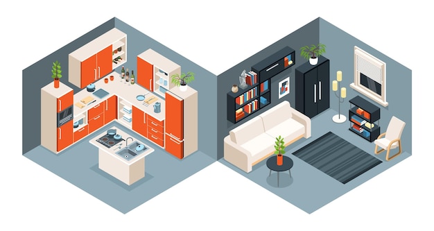 Composición interior isométrica con un conjunto de dos vistas interiores modernas con paisaje de cocina e ilustración de vector de sala de estar