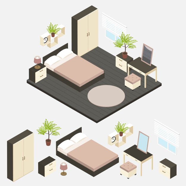 Composición interior isométrica del dormitorio