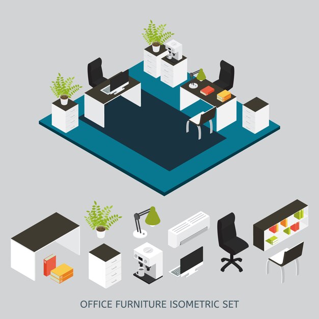Composición interior isométrica con lugar de trabajo de oficina y oficina amueblada