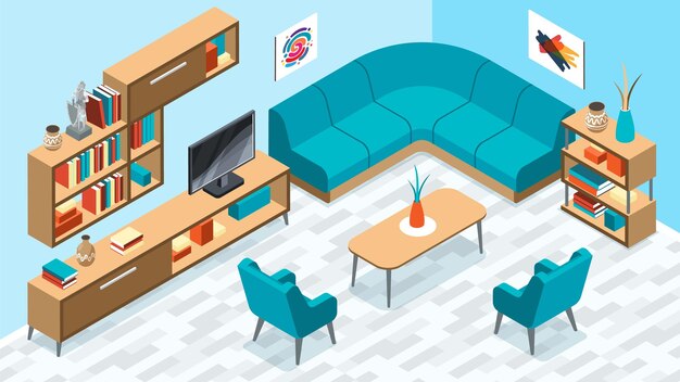 Composición interior isométrica con paisaje interior de sala de estar con sofá de esquina libros mesa y sillas ilustración vectorial