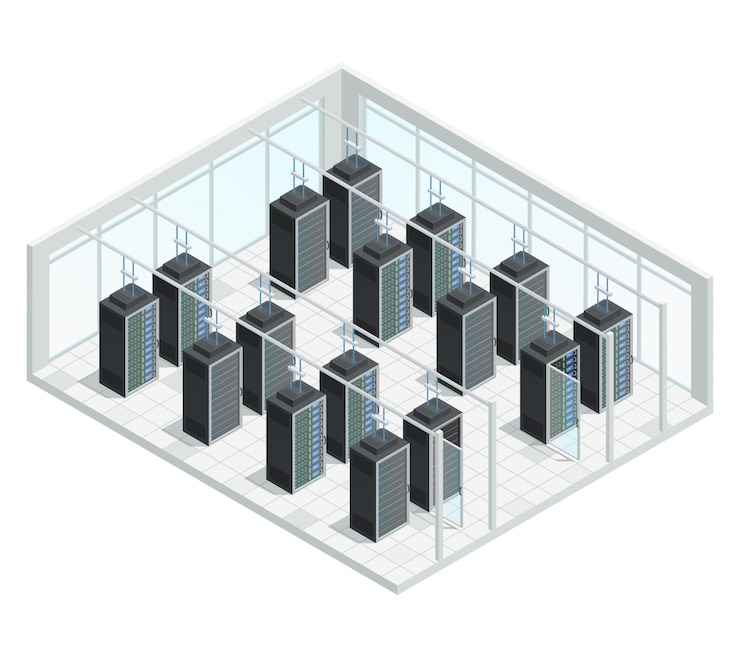Vector gratuito composición interior isométrica del servidor de centro de datos en la computación en la nube